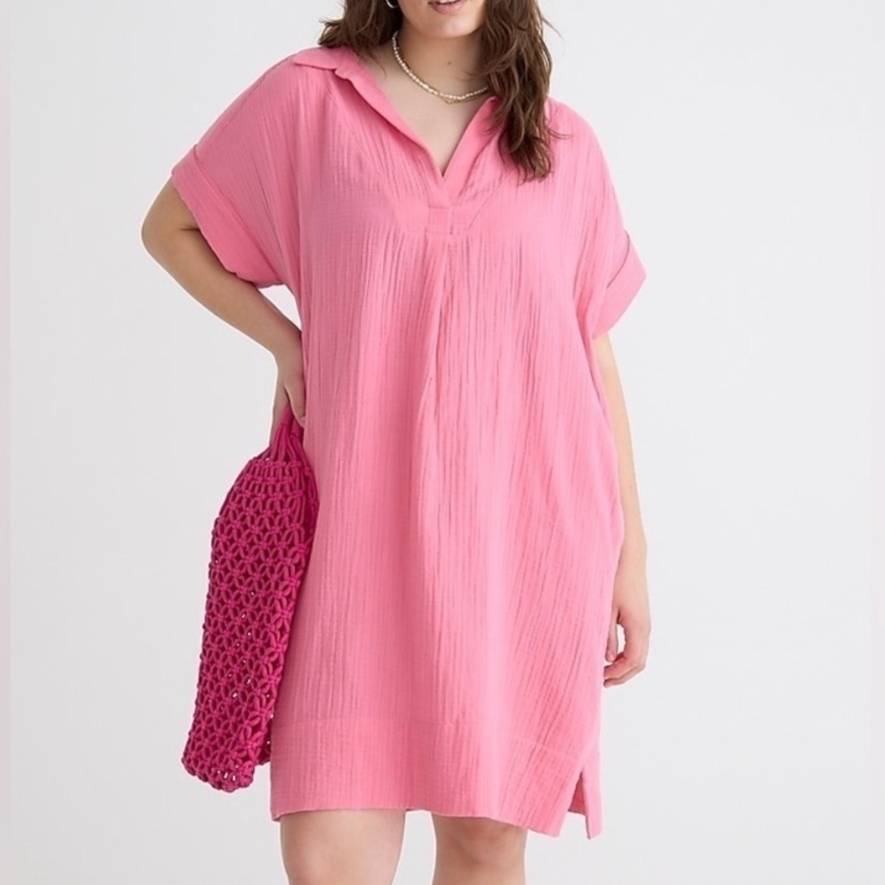 New J. Crew Short-sleeve gauze popover dress in pink, size xs